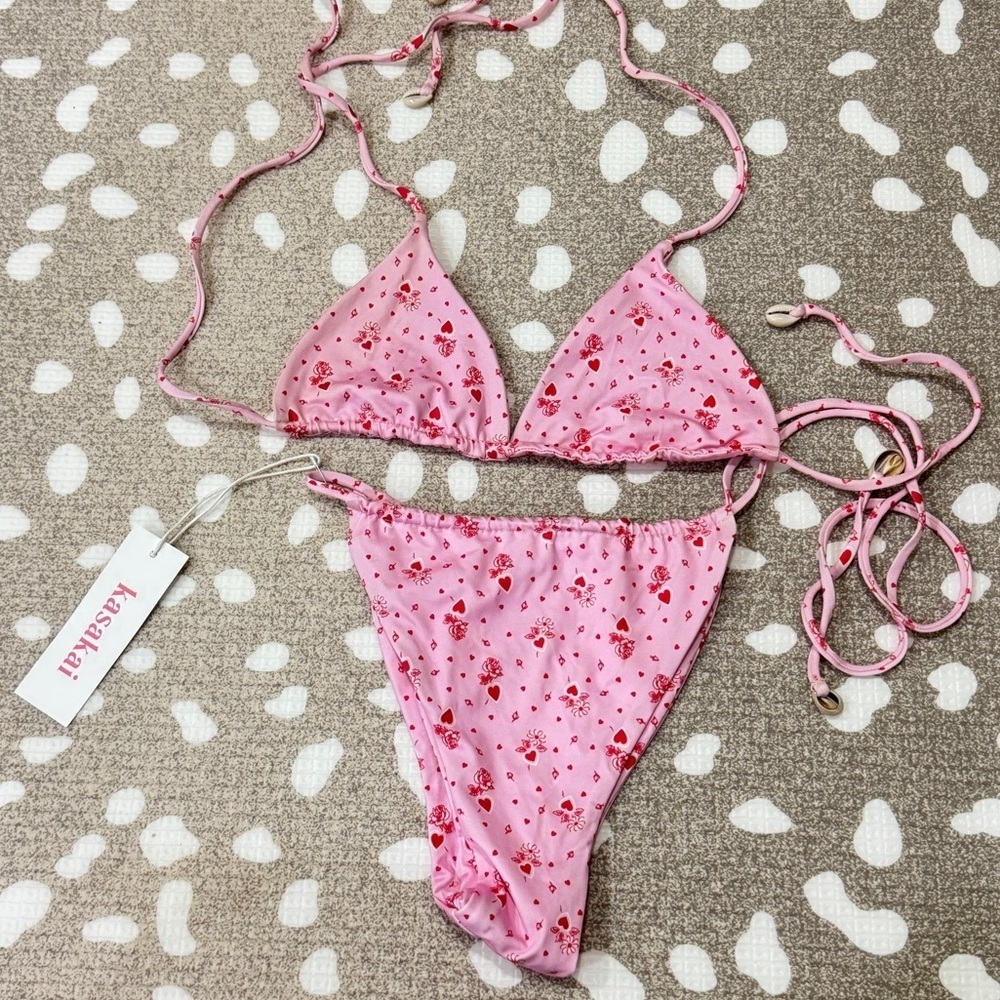 NEW Kasakai Bikini Set Axel Lovestruck Hearts String Triangle Bikini Top cheeky